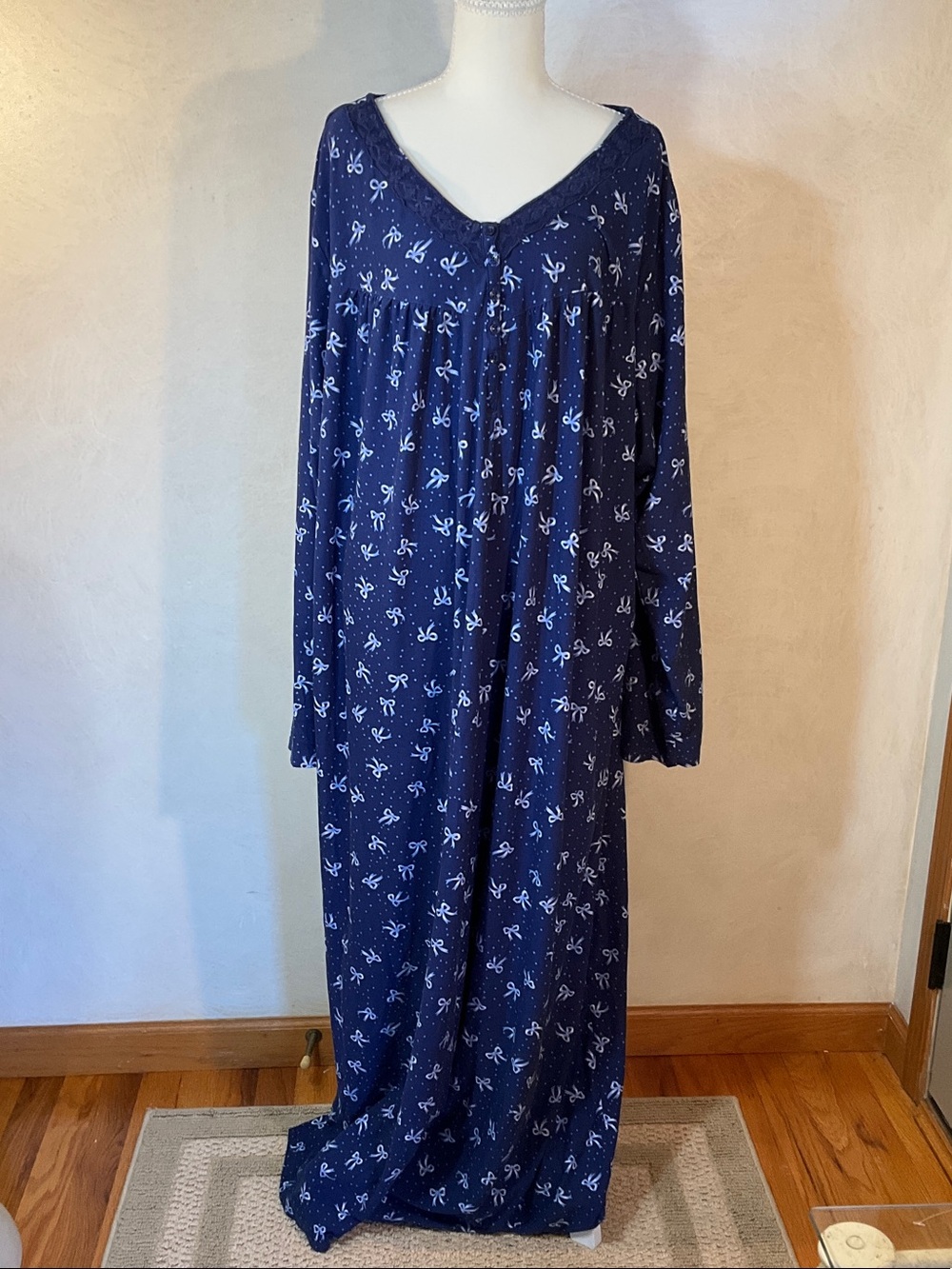 Adonna Navy Blue Long Sleeve Bow-Print Nightgown